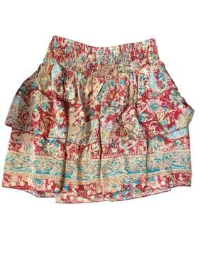Boho Paisley Mini Skirt S/M Red Teal Silk Blend Tiered Ruffle Elastic Waist